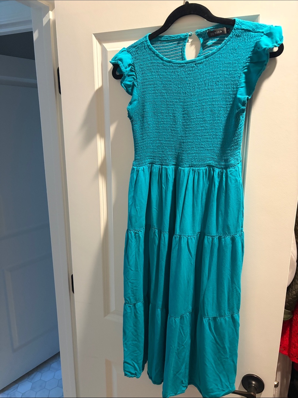 Smocked Bodice Teal Tiered Midi Dress by Jessica